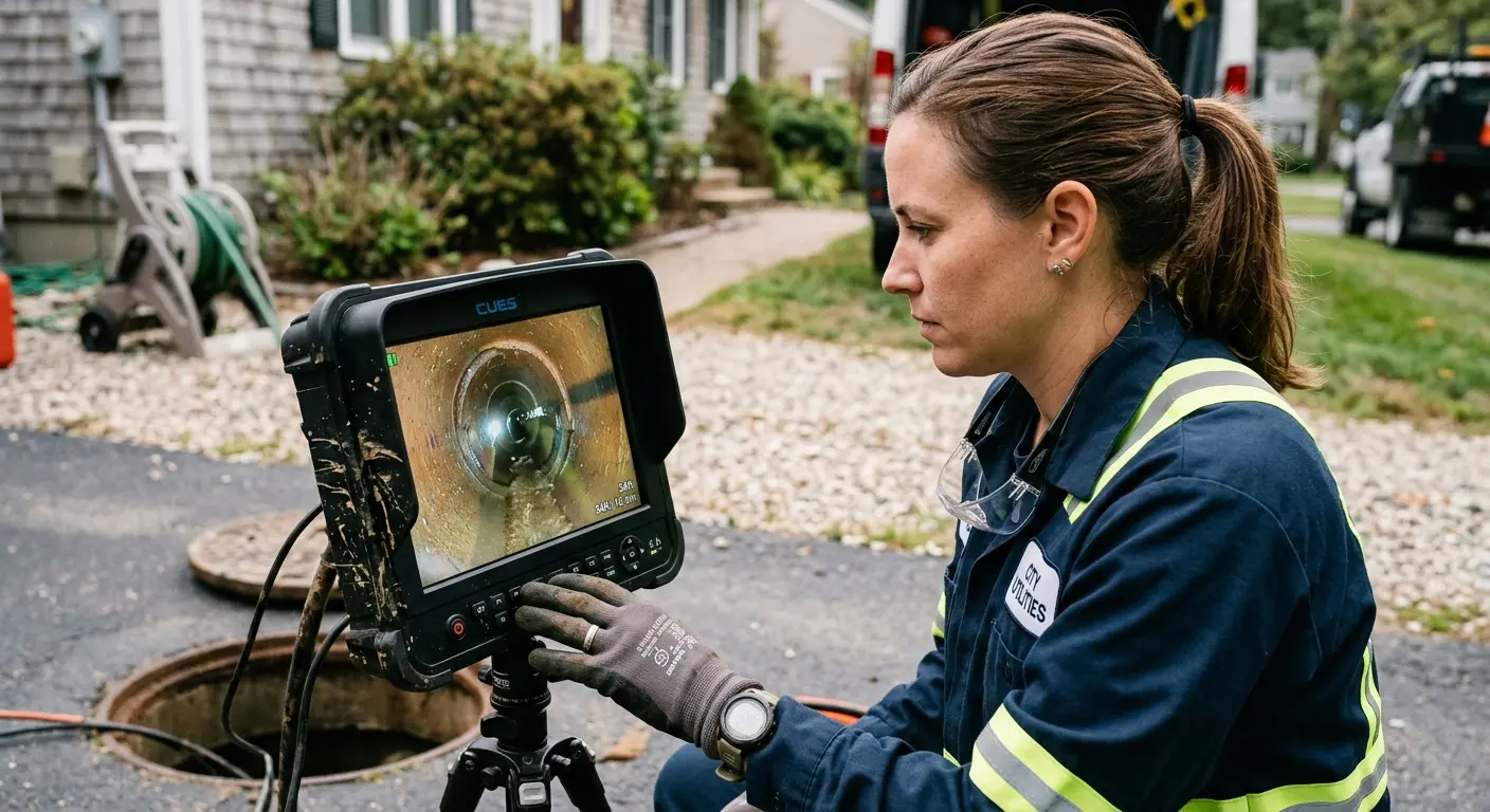 Technician reviewing sewer camera inspection footage in Reno