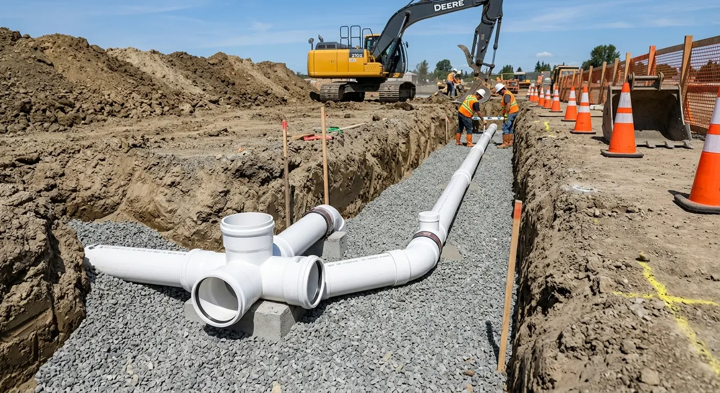 New PVC sewer pipe installation in open trench for Commercial Drain Cleaning in Reno