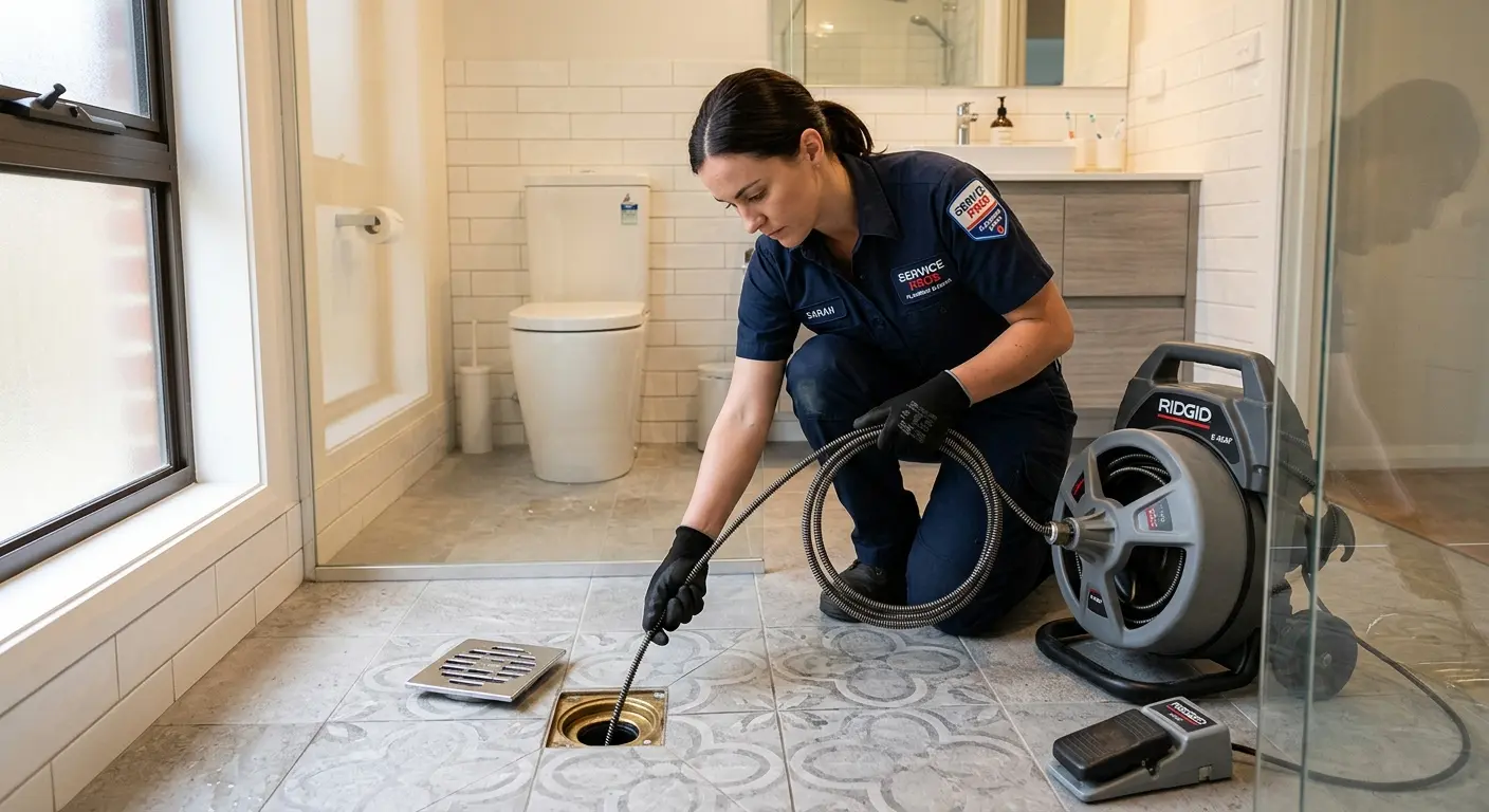 Technician clearing a bathroom floor drain for Hydro Jetting in Reno